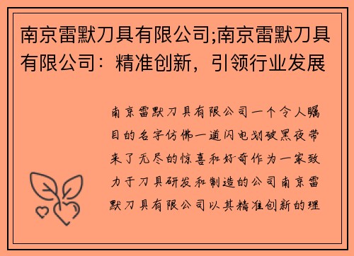 南京雷默刀具有限公司;南京雷默刀具有限公司：精准创新，引领行业发展